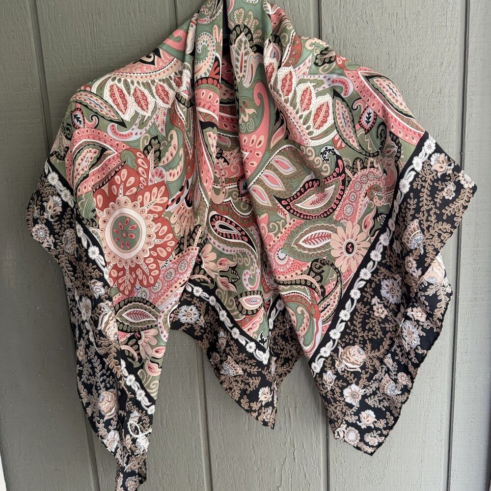 Linda Dano Silk Scarf Black Pink Green Paisley 43" x 43" *read*